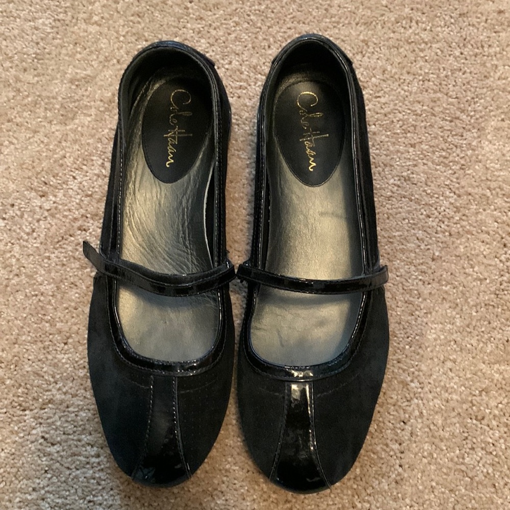 Cole Haan suede and patent leather mary-janes.